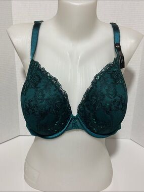 42B Deesse Lingerie Deep Teal Lace Plunge Bra with sequence and lace